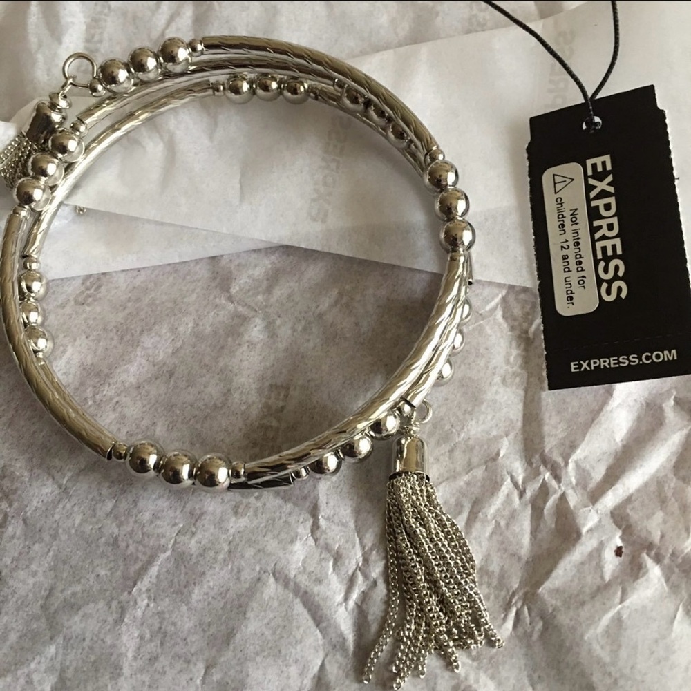 Express Womens Silver tone wrap around tassels charm bangle Bracelet NWT